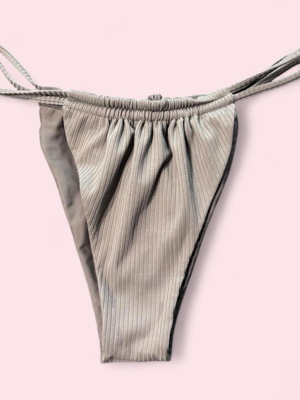 Ribbed Tie-Side Bikini Bottoms in Taupe